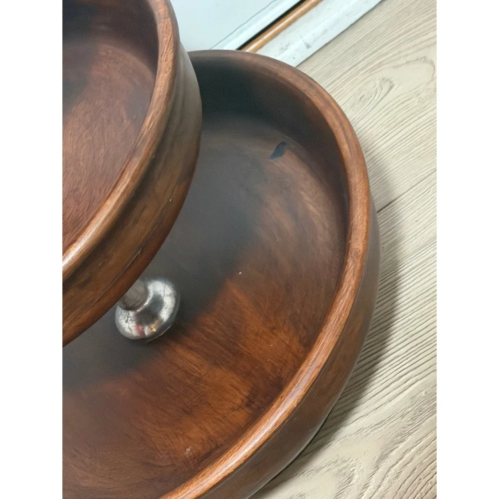 Pottery Barn 3 Tier Wooden Serving Stand Dark Wood Silver Metal Hardware Tray